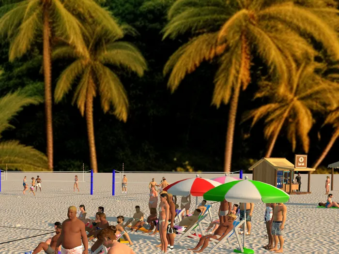 Beach umbrellas, a beach hut, palm trees and distant courts in golden light.