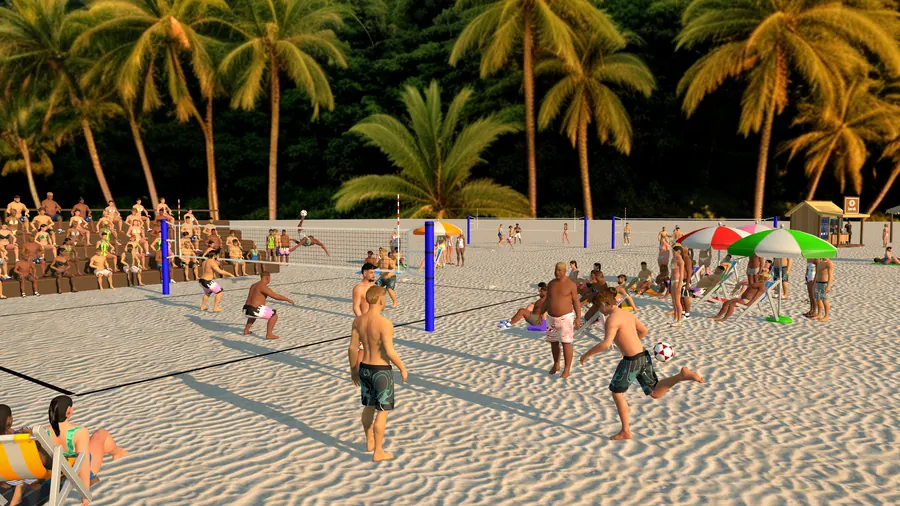 The main court at golden hour: net, grandstand, palm trees, umbrellas and more courts beyond.
